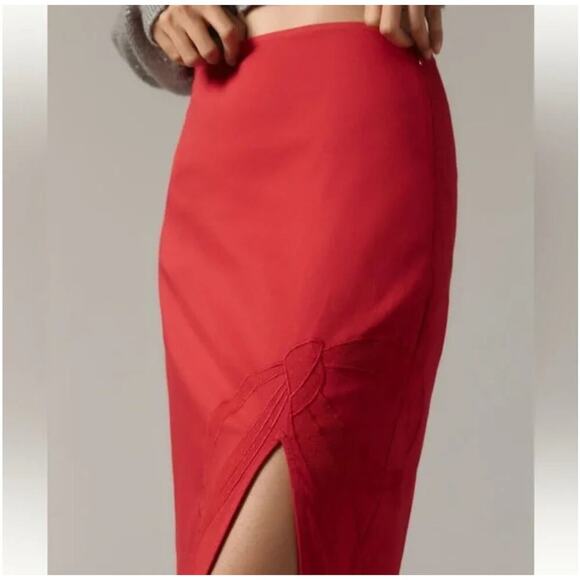 NWT Maeve Anthropologie Bow Midi Pencil Skirt Red Size 12 Side Slit Stretch - Picture 2 of 14